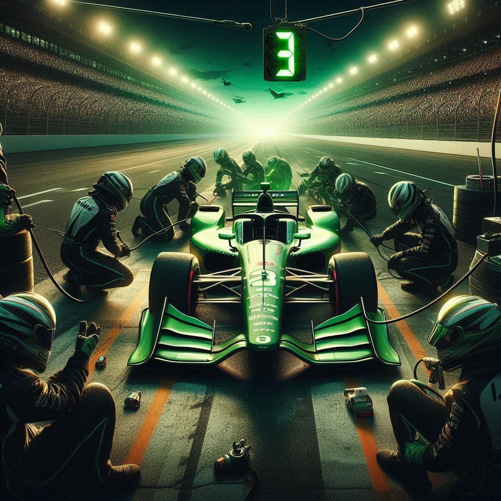 an Indy car at an extra long pit stop with a green car and a green glow in the sky