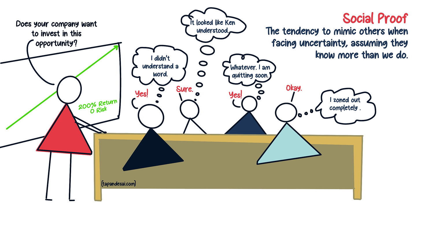 An image explaining the tendency to lean on the judgements of others when faced with uncertainty in a team meeting which is known as Social Proof by Tapan Desai
