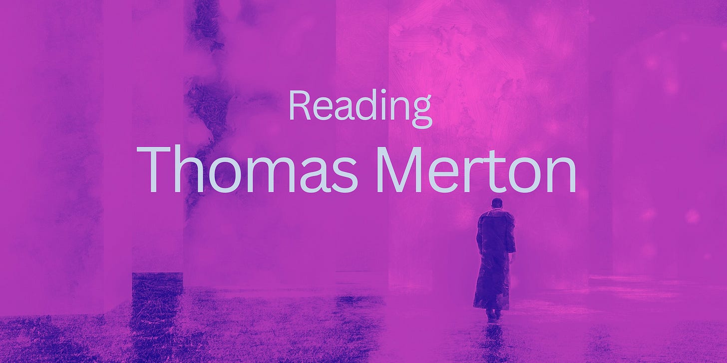 Text says "Reading Thomas Merton." Background image is of a man, presumably a monk or priest, walking away. The mood is somber and contemplative.