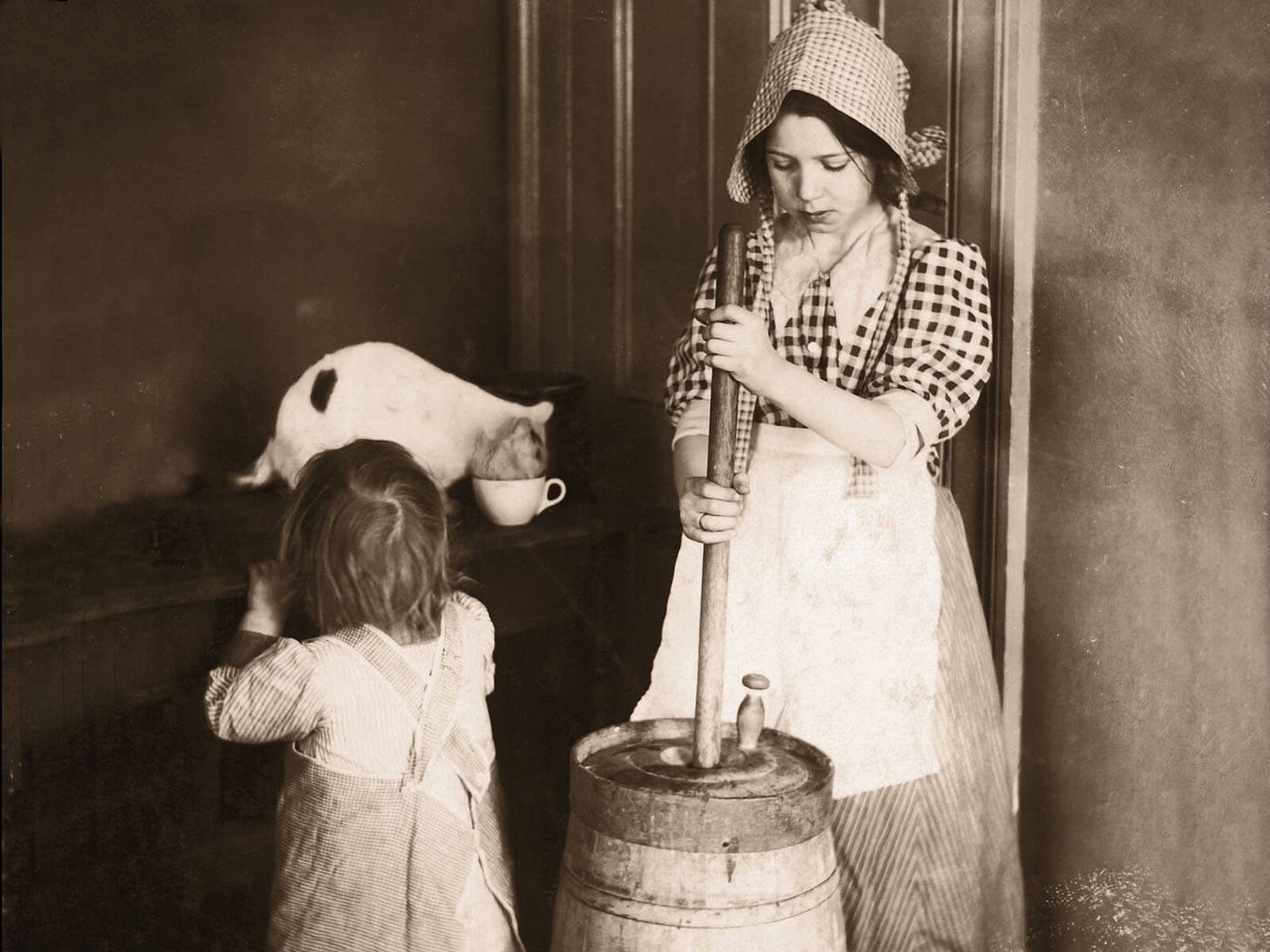 toddler, cat, and a kid churning butter