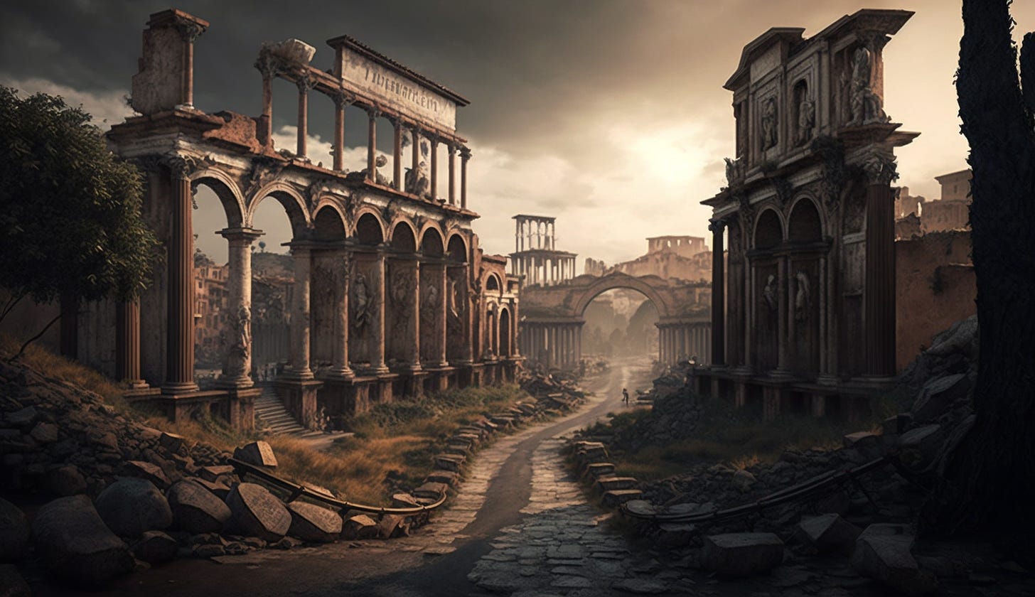Midjourney prompt: all roads lead to rome ancientcore