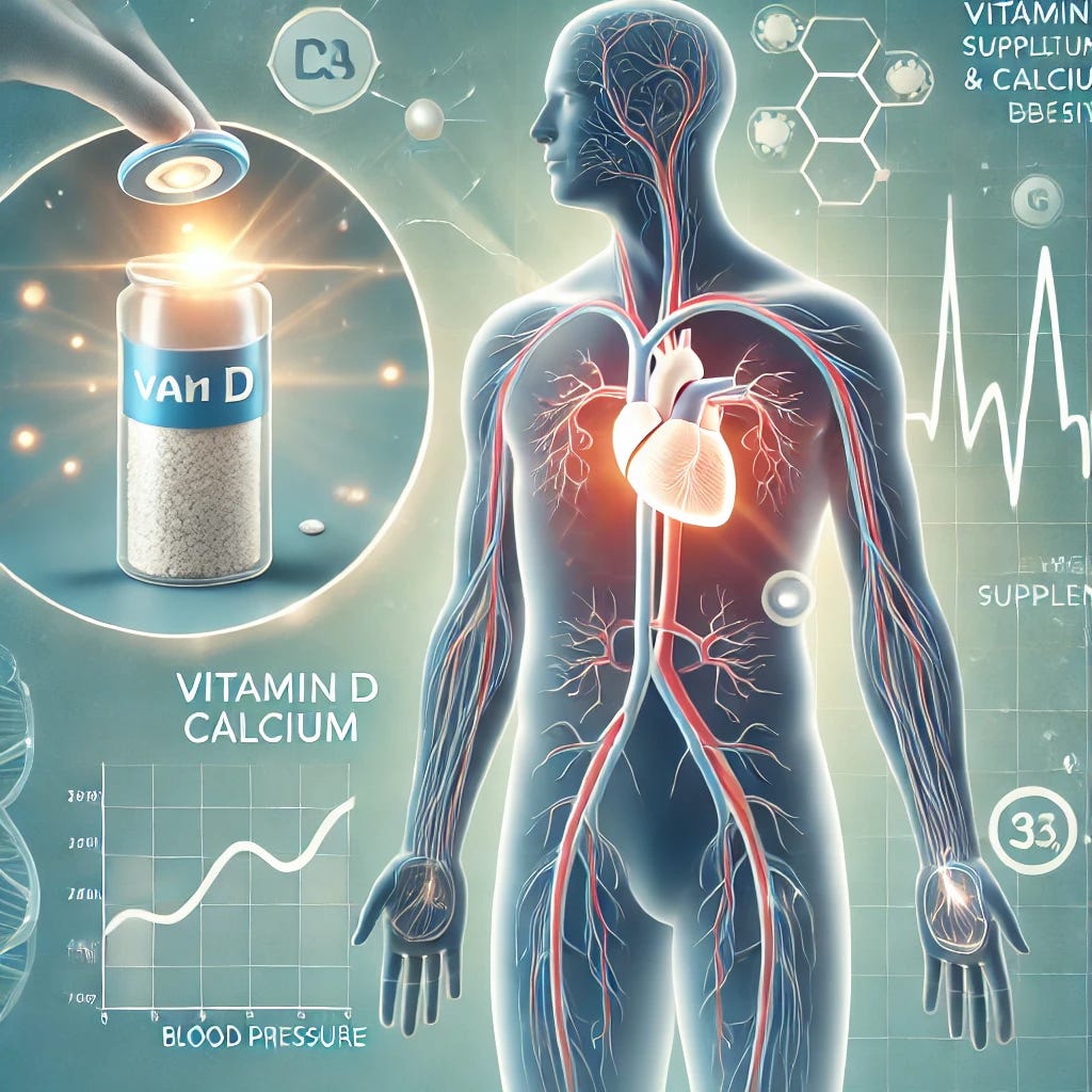 A professional medical illustration highlighting the benefits of vitamin D and calcium supplementation for lowering blood pressure in older adults with obesity. The image features a simplified human body silhouette with a focus on the cardiovascular system, depicting arteries and a heart with an overlay of blood pressure symbols. Additional elements include a vitamin D capsule emitting a healthy glow, a calcium molecule, and a medical research graph showing a decrease in blood pressure. The design is clean, modern, and approachable, with a positive and informative tone, using soft blue and green hues to convey health and wellness.