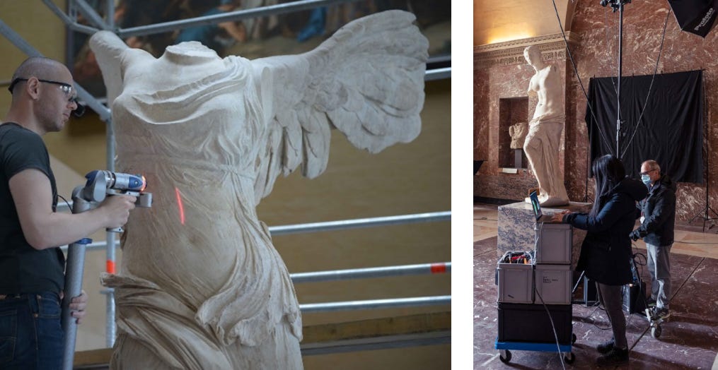 Winged Victory and Venus de Milo being 3D scanned at the Louvre.