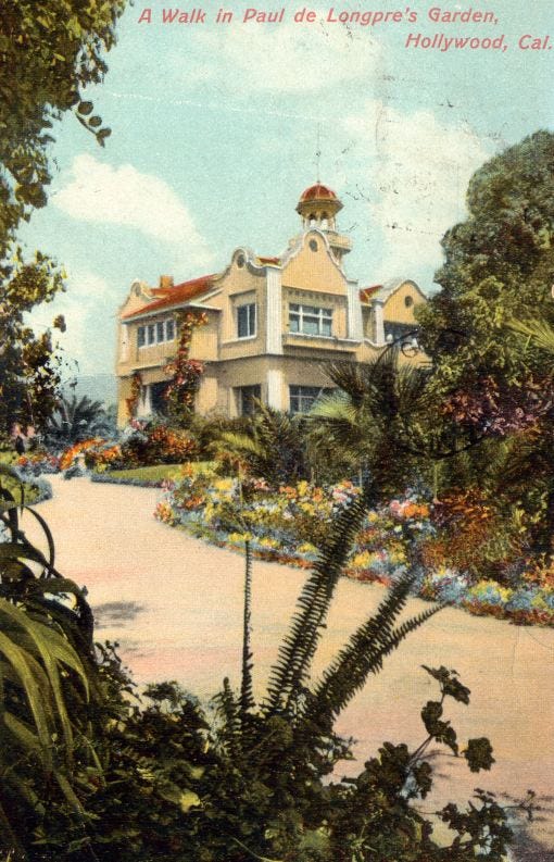 Color image of Paul de Longpré’s Mission revival mansion in Hollywood in the 1900s