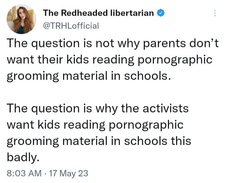 May be an image of 1 person and text that says 'The Redheaded libertarian @TRHLofficial The question is not why parents don't want their kids reading pornographic grooming material in schools. The question is why the activists want kids reading pornographic grooming material in schools this badly. 8:03 AM. 17 May 23'
