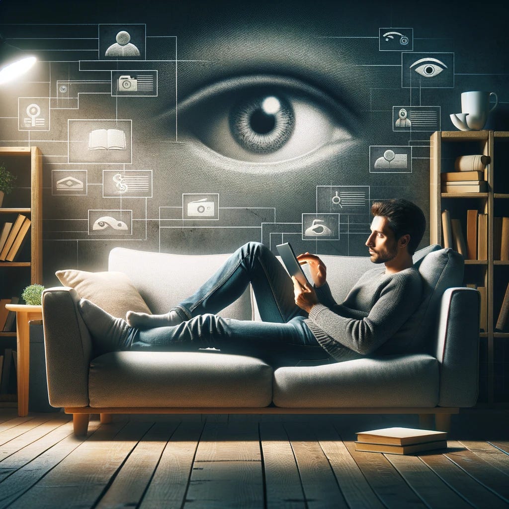 An image depicting an individual lounging comfortably on a sofa, deeply engrossed in reading an e-book on a digital tablet. The room is cozy and well-lit, creating a serene reading environment. In the background, subtly integrated into the decor, are symbolic representations of internet surveillance, like small cameras and subtle digital eyes, to symbolize the e-book company monitoring their activity and undermining their internet privacy. The atmosphere is a blend of relaxation and a subtle hint of intrusion.