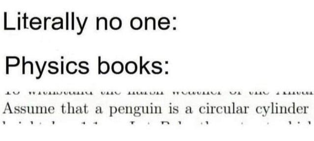 A meme which says "Literally no one:  Physics books: Assume that a penguin is a circular cylinder."