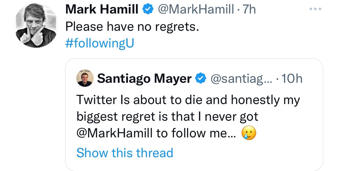 Screen shot of a tweet by Mark Hamill