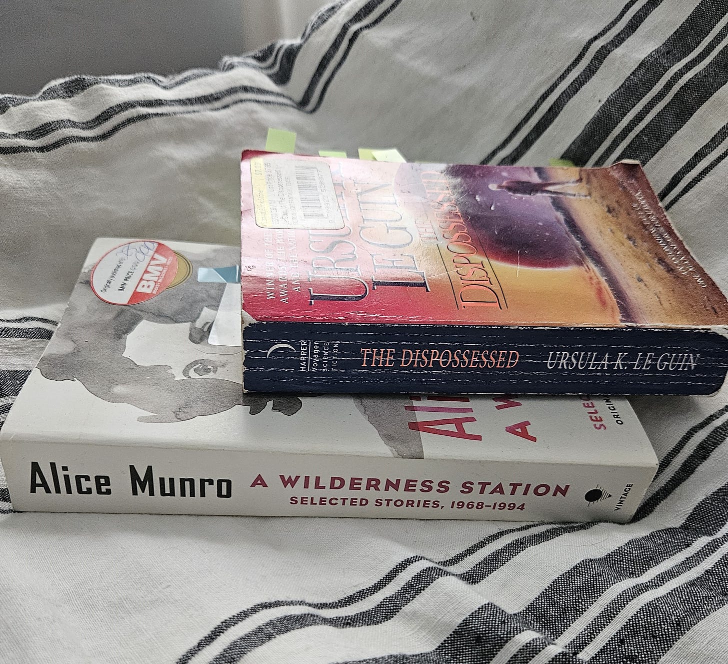 Two books, The Dispossessed, and the selected Alice Munro, placed on a blanket.