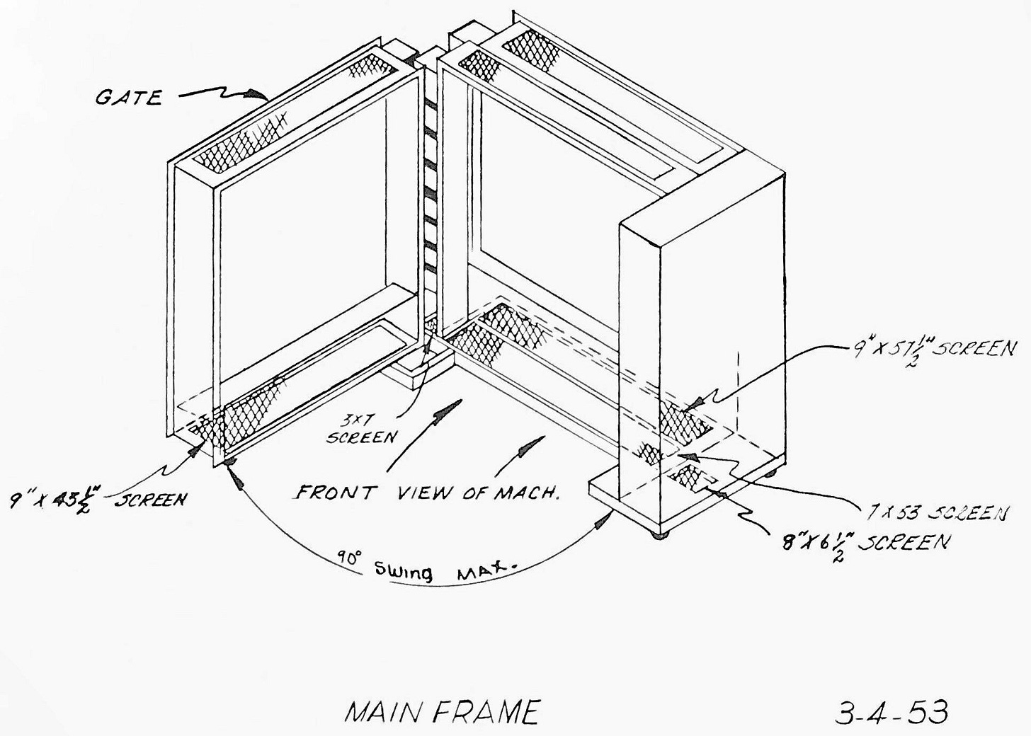 A line drawing of the IBM 701's "main frame", showing its physical dimensions and how the frame swings open. The drawing is dated 3-4-53. The drawing is from the document "Type 701 EDPM Installation Manual", obtained from the Computer History Museum archives.