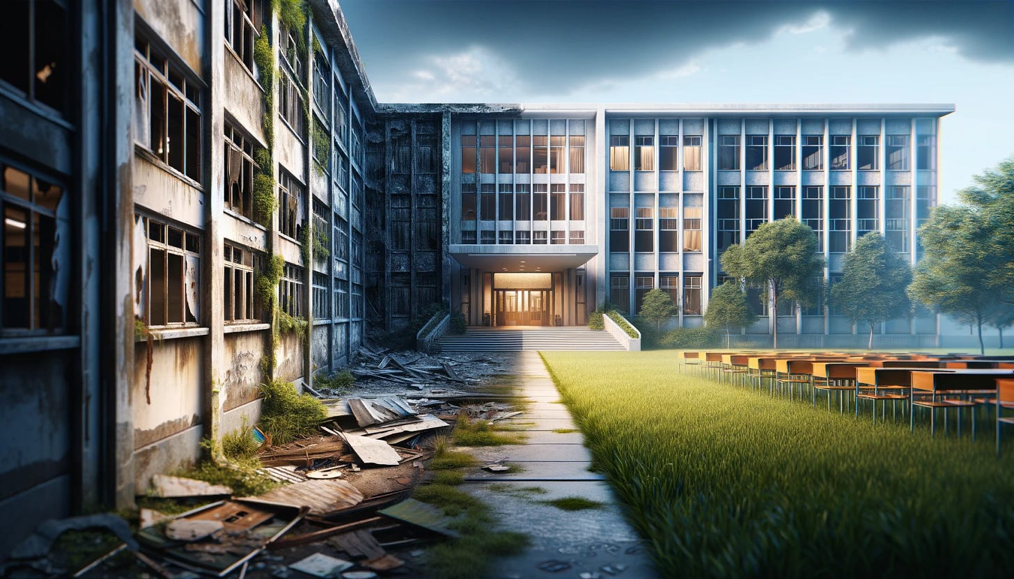 A photorealistic image showing a direct contrast between a rundown school building and a shiny new school. The image is split down the middle, with the left half depicting the rundown school, showcasing its neglected state with peeling paint, broken windows, and overgrown vegetation. The right half depicts the shiny new school, featuring modern architecture with clean lines, large glass windows, and a beautifully landscaped surrounding. The atmosphere transitions from gloomy and desolate on the left to bright and welcoming on the right, highlighting the stark differences.