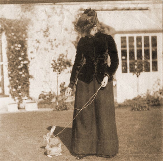 Beatrix Potter with pet rabbit, 1981