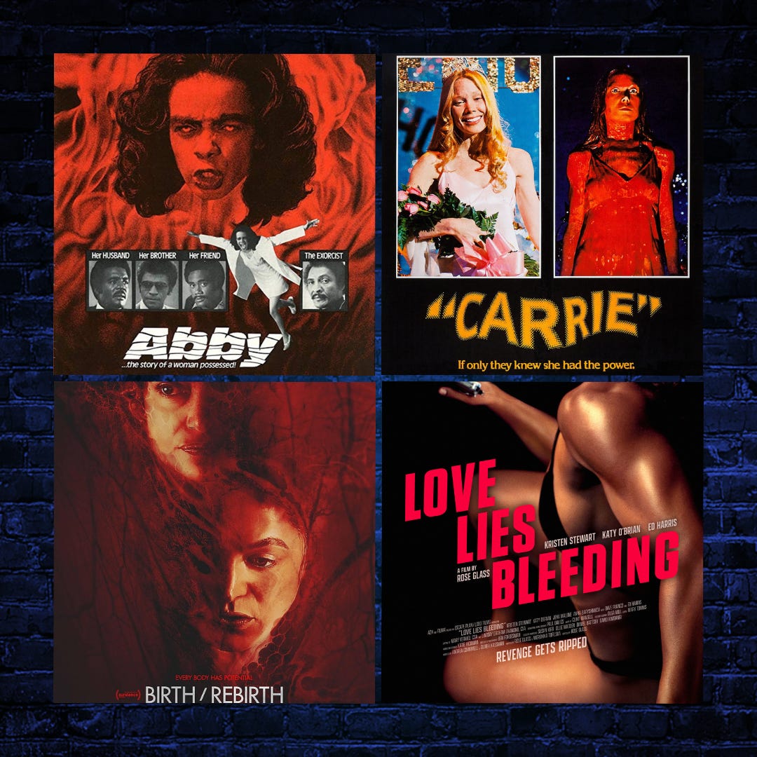 Movie posters for Abby, Carrie, Birth/Rebirth, and Love Lies Bleeding