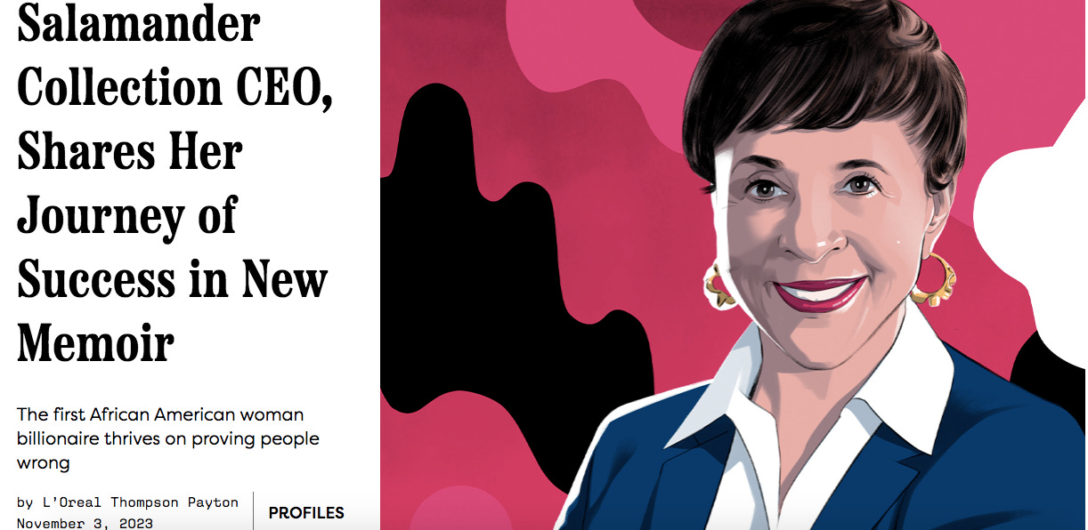 Screenshot of headline and illustration from Sheila Johnson profile story in Business Traveler magazine