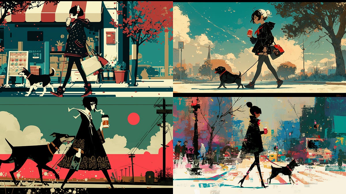 Anime girl in black who is walking with her dog