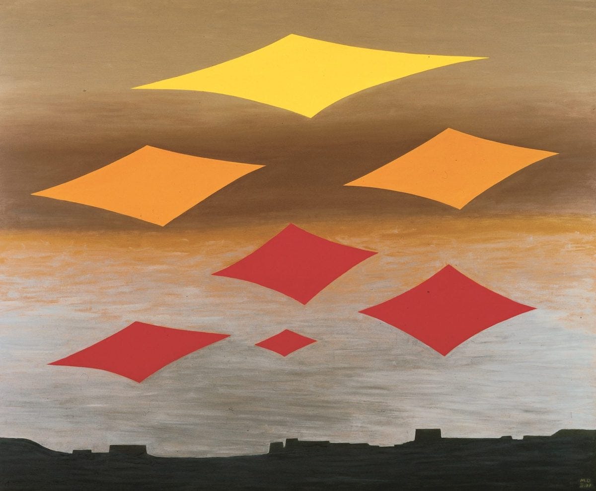 A painting of a skyline beneath a vast grey sky. Superimposed over the sky are incongruous diamond-shaped forms in yellow, orange, and red.