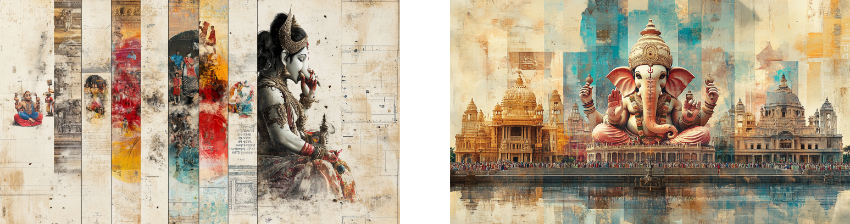 Two-part artwork: the left side features a fragmented collage with abstract panels depicting various artistic renditions of Ganesha, blending traditional imagery with modern, textured elements. The right side shows a grand Ganesha statue set against a digitally stylized backdrop of Indian temple architecture reflected in water, merging ancient and contemporary artistic expressions.