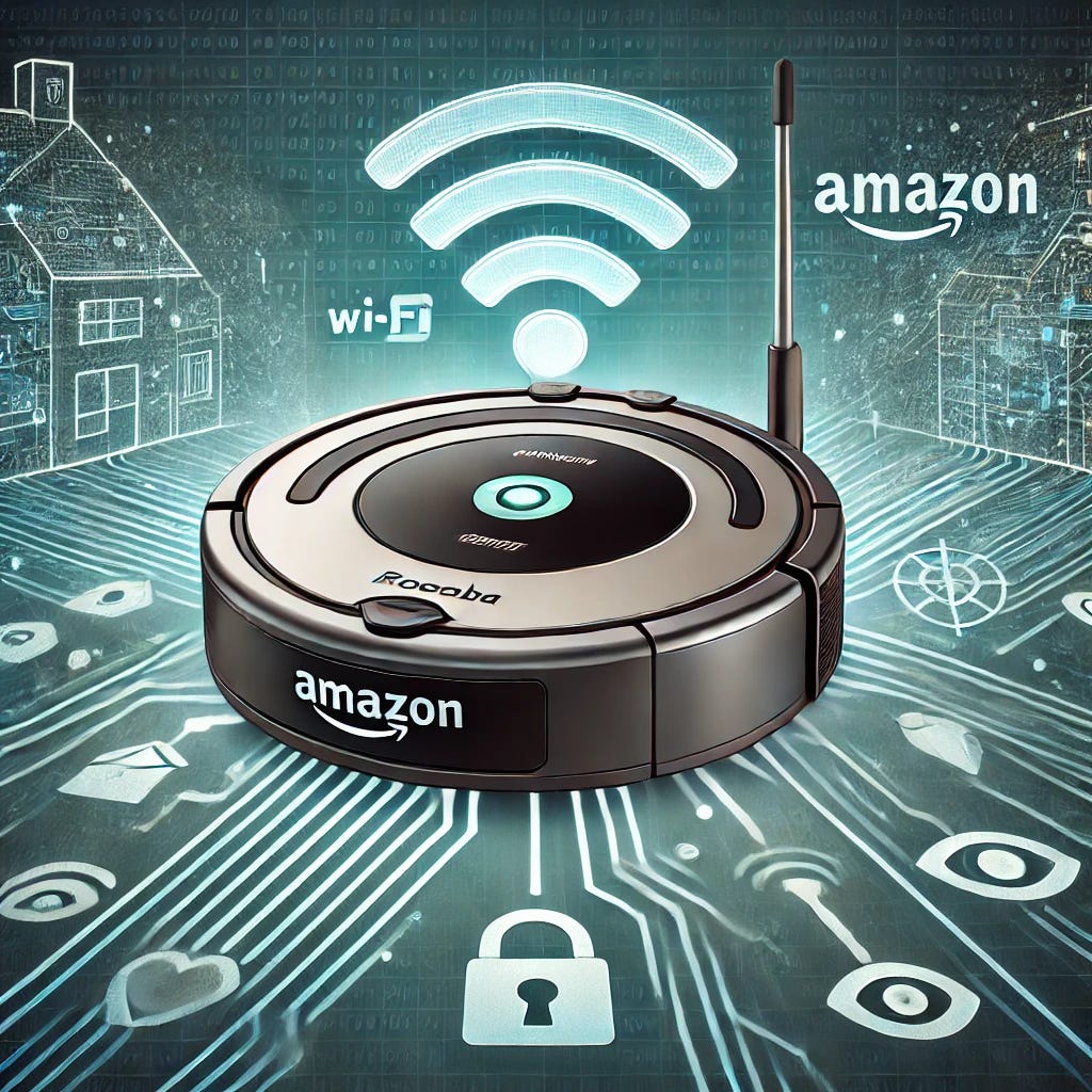 A professional and thought-provoking illustration representing the Amazon-iRobot merger and the privacy concerns it raises. The image features a Roomba vacuum with a Wi-Fi symbol above it, surrounded by digital data streams flowing towards an Amazon logo, symbolizing data collection and integration. In the background, there is a subtle outline of a home floor plan, with icons representing data privacy (a padlock) and surveillance (an eye symbol). The color palette should use muted blues, grays, and dark greens to create a serious and informative atmosphere.