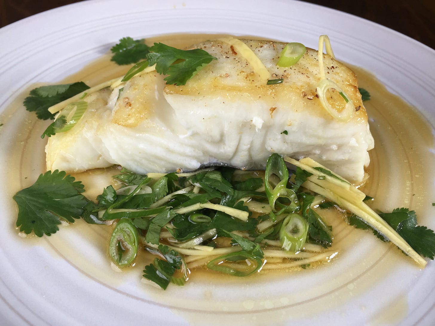 Seared halibut in ginger vinaigrette
