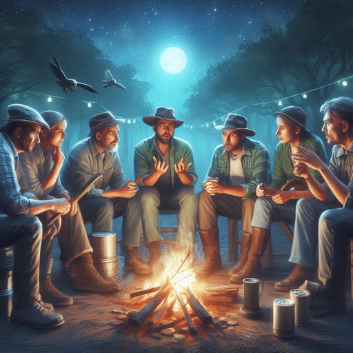 real photolike picture of  a group of men and women sitting around their campfire lamenting their woes and dislikes about everything in 2023