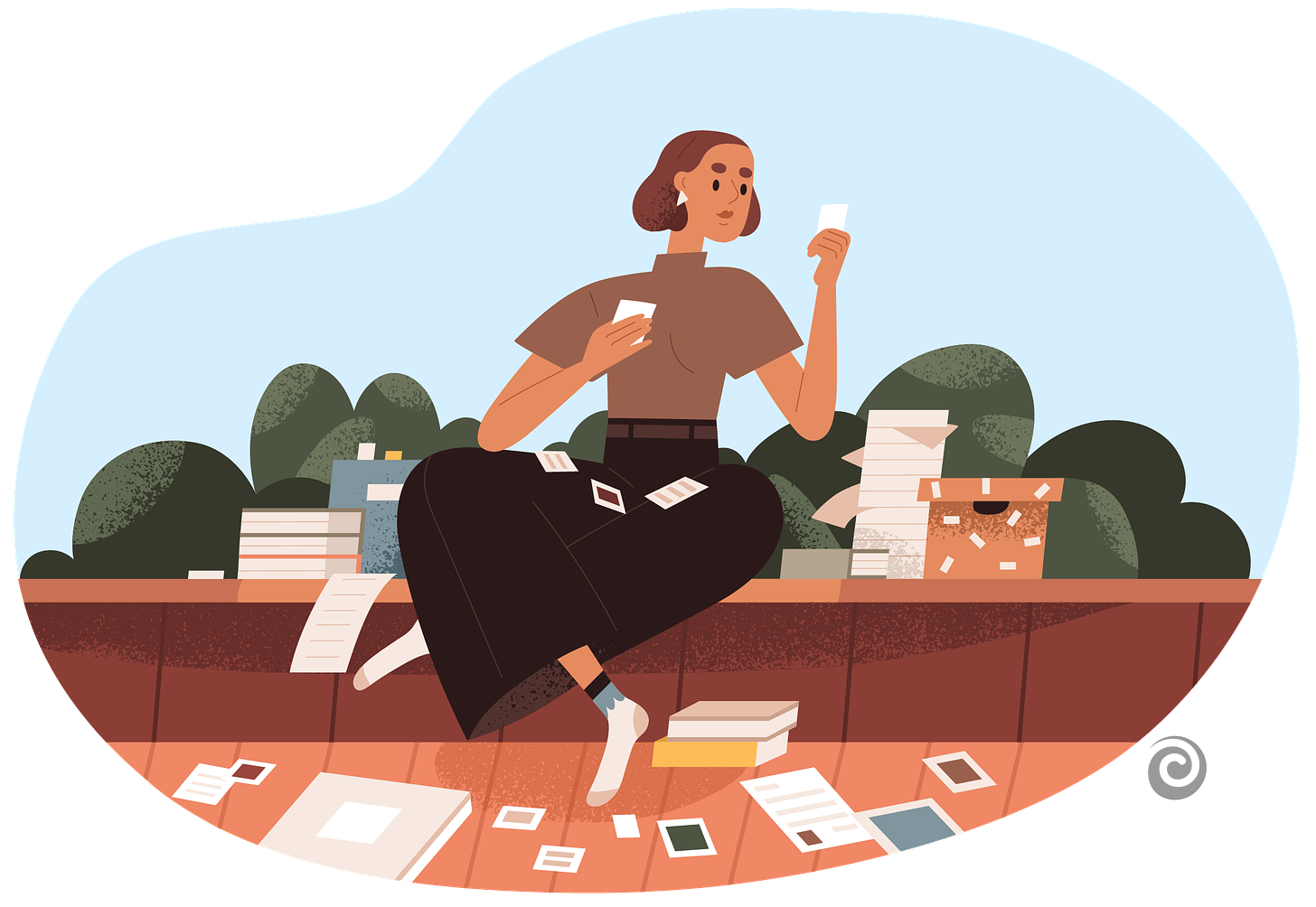 Illustration of a woman sorting through photos, prints and slides
