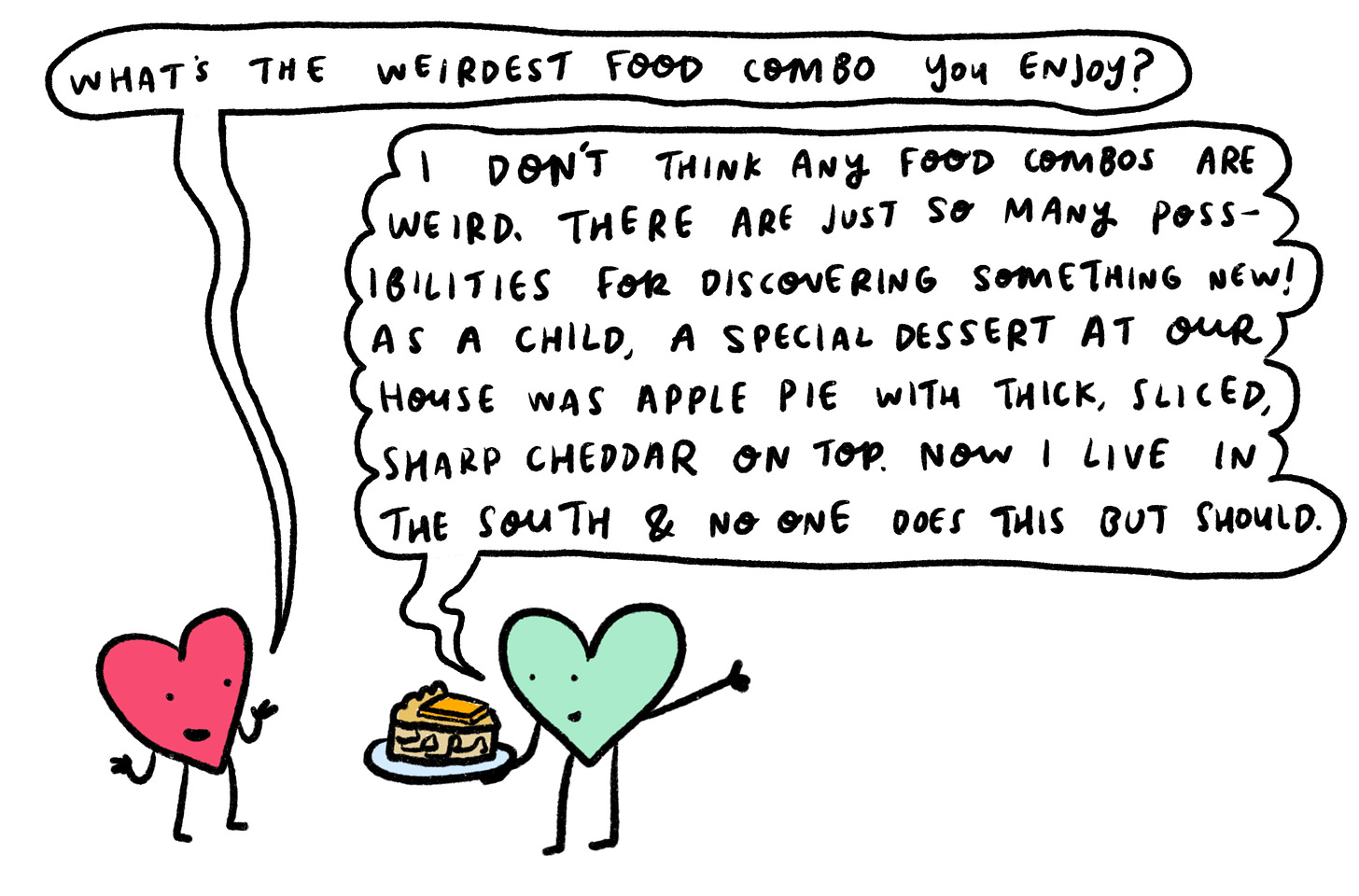 A q+a style illustration that reads: What’s the weirdest food combo you enjoy? I don’t think any food combos are weird. There are lots of foods I don’t eat, but I don’t think combining any flavors is goofy or strange. There are just so many possibilities for discovering something new! As a child, a special dessert at our house was apple pie with thick sliced sharp cheddar on top. Now I live in the south and no one does this but they should. 