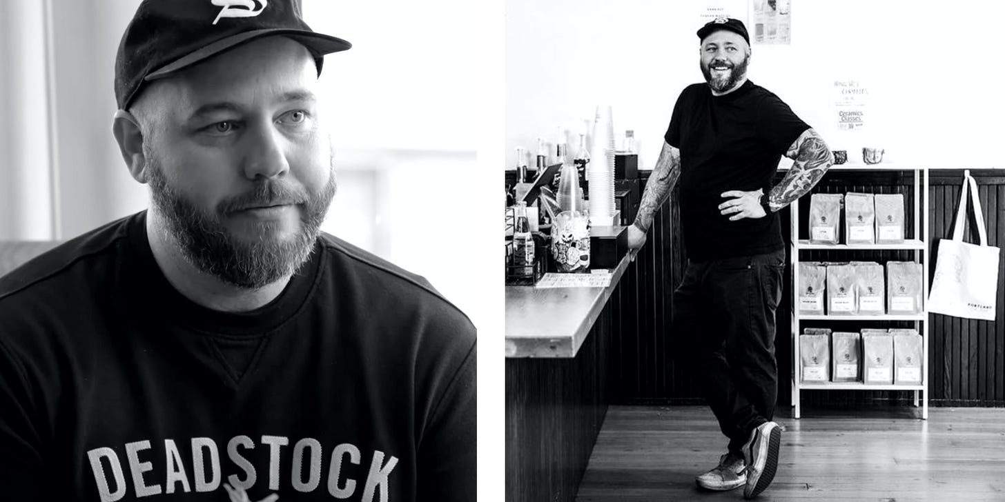 From Left: Black and White photographs of the bearded, ball-capped, double J. In the left he looks off over to the right. In the right, he stands at a coffee bar, smiling, with his legs crossed casually.