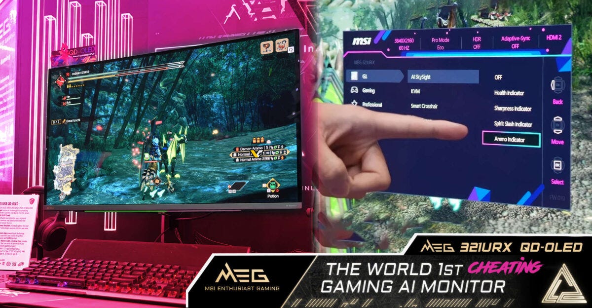 A high-performance MSI gaming monitor displaying a video game interface with AI-powered features like ammo indicators and health tracking, emphasizing the role of neural processing units in esports cheating. A high-performance MSI gaming monitor displaying a video game interface with AI-powered features like ammo indicators and health tracking, emphasizing the role of neural processing units in esports cheating.
