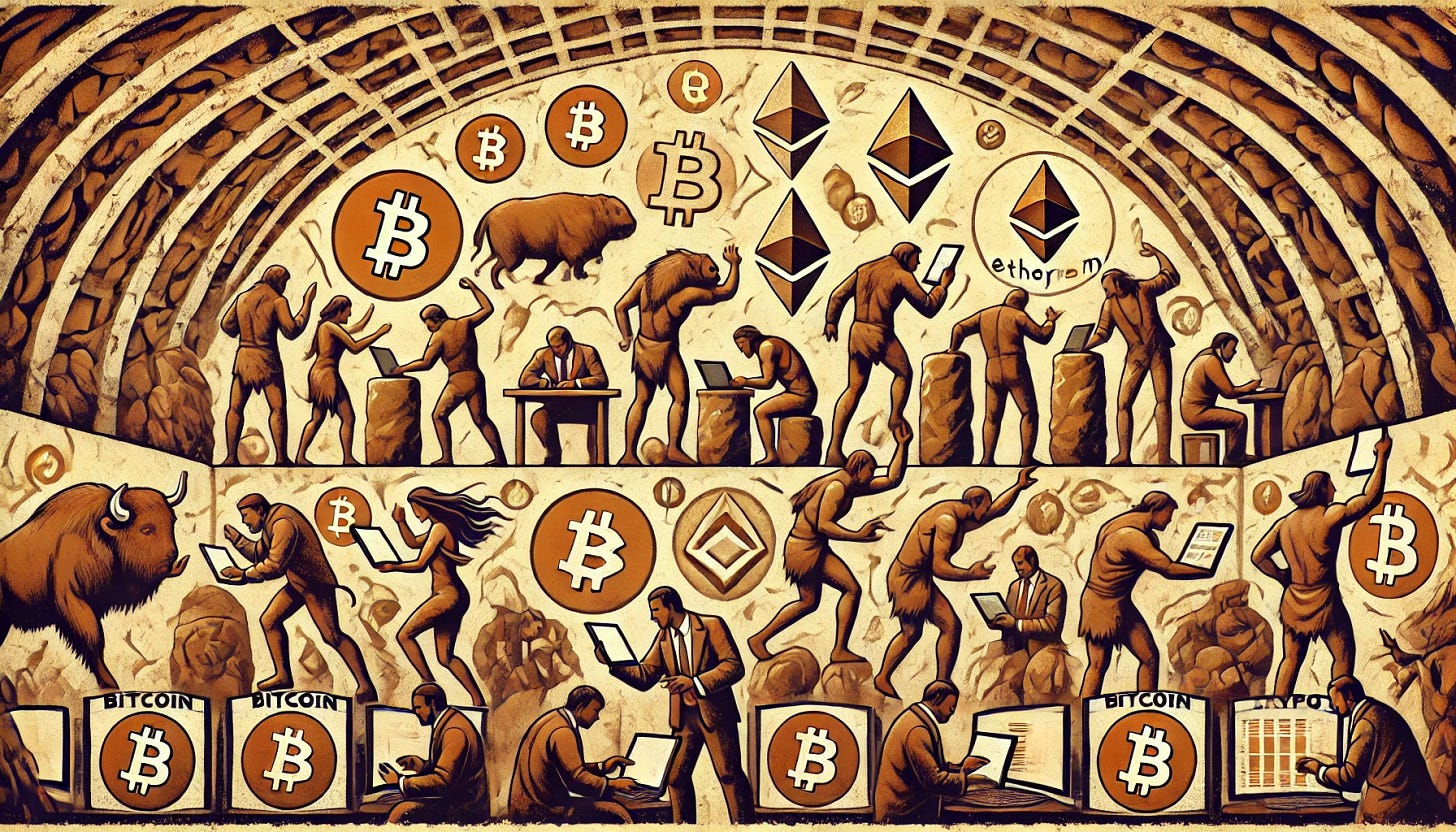 A panoramic Art Deco-style illustration inspired by prehistoric cave paintings, depicting people inside the New York Stock Exchange. Instead of trading stocks and bonds, they are buying and selling cryptocurrencies. The traders use ancient symbols resembling Bitcoin, Ethereum, and other digital currencies. Some are transferring their crypto to hardware wallets, represented as stylized stone tablets or primitive devices. The atmosphere is dynamic, with hand gestures and expressive body language, evoking a sense of urgency and excitement. The color palette is earthy, with ochre, brown, and red tones, mimicking ancient cave art while incorporating a sleek Art Deco aesthetic.