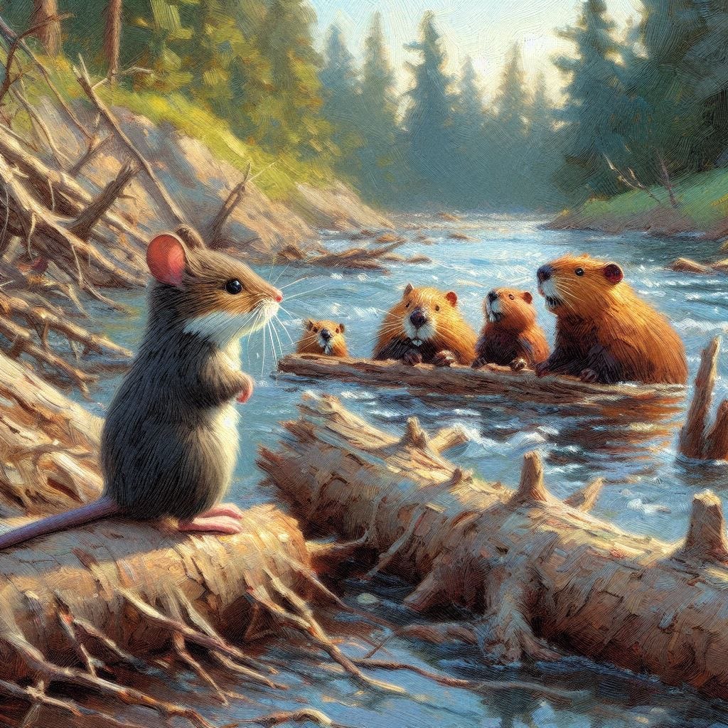 a little mouse watches a family of beavers build a dam in a river. Impressionist-style