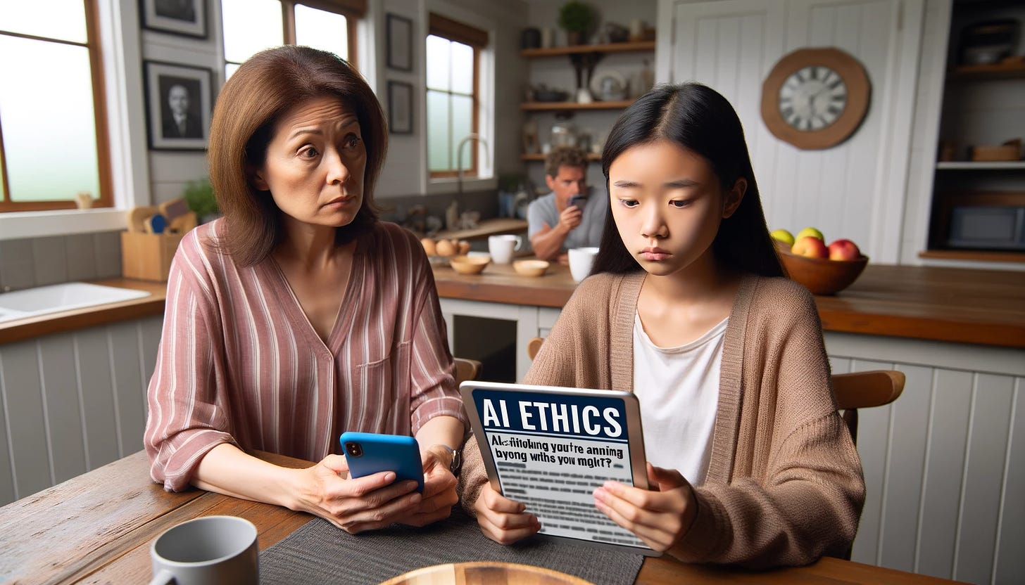 A concerned Asian-American mother sitting at a kitchen table with her Asian-American teenage daughter. The mother is holding a digital tablet showing AI ethics articles, looking worried, while the daughter is disinterestedly using her smartphone. The room has a cozy, homey feel with visible family photos and a window showing a suburban neighborhood.