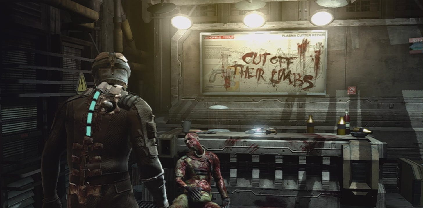 A screenshot from Dead Space - the protagonist looks on at a mural painted in blood on the wall, reading the text: CUT OFF THEIR LIMBS