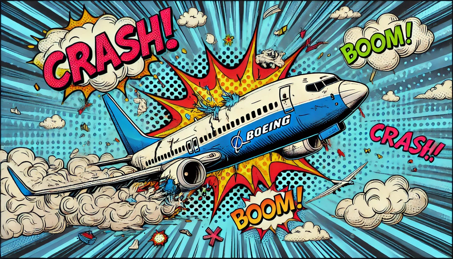 A vibrant pop-art style illustration in 16:9 format. The image features a large crashed airplane with visible debris, cracks, and dents, symbolizing a major accident. The plane displays the Boeing logo or name prominently on the fuselage. Surrounding the crash are colorful comic-style sound effects like 'Crash!' or 'Boom!' in dynamic fonts, and smoke rising from the impact site. The background shows a chaotic sky, with broken clouds and scattered parts flying around, while the ground features skid marks and debris. Maintain the energetic, colorful, and exaggerated elements typical of pop-art style.