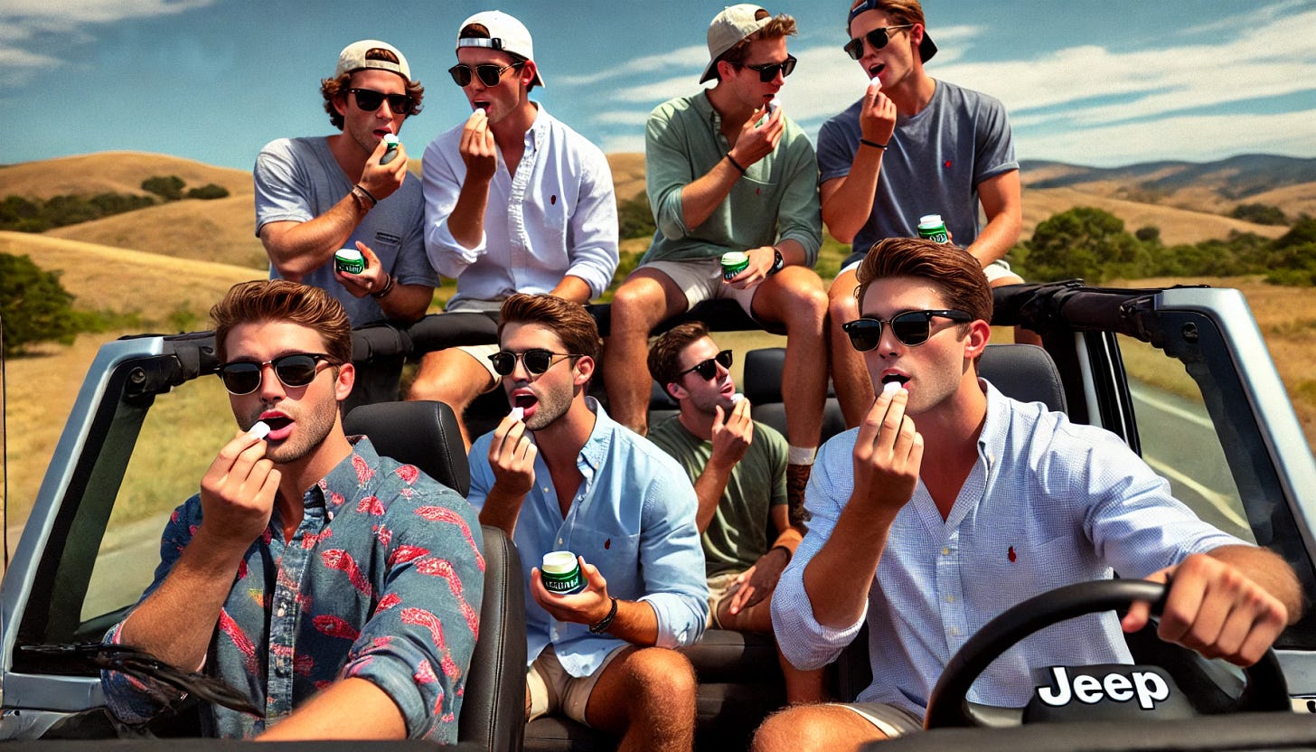 A group of fraternity brothers driving several Jeep Wranglers through a scenic outdoor setting. The young men are casually dressed in preppy attire, some wearing sunglasses and others sporting baseball caps turned backward. They are jovially applying lip balm, capturing a lighthearted and fun moment. The background features rolling hills and blue skies, with the Jeeps' open tops highlighting the adventurous atmosphere. The scene exudes a carefree, youthful vibe.