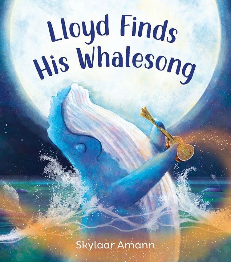 Cover of Lloyd Finds His Whalesong, including a big moon behind a humpback whale playing a ukulele