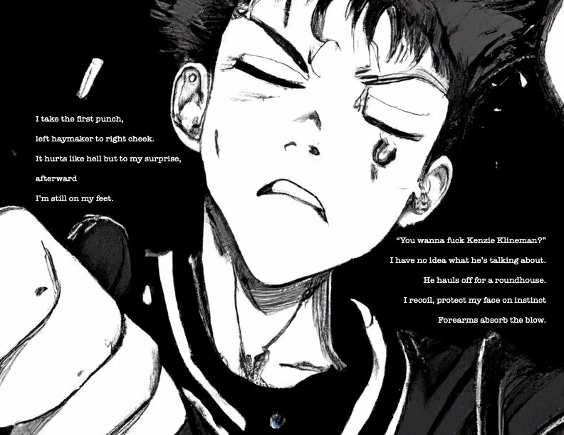 A black and white manga style image of a teenage boy who has just been punched in the face. The text says, "I take the first punch, left haymaker to right cheek. It hurts like hell but to my surprise, afterward, I'm still on my feet."
