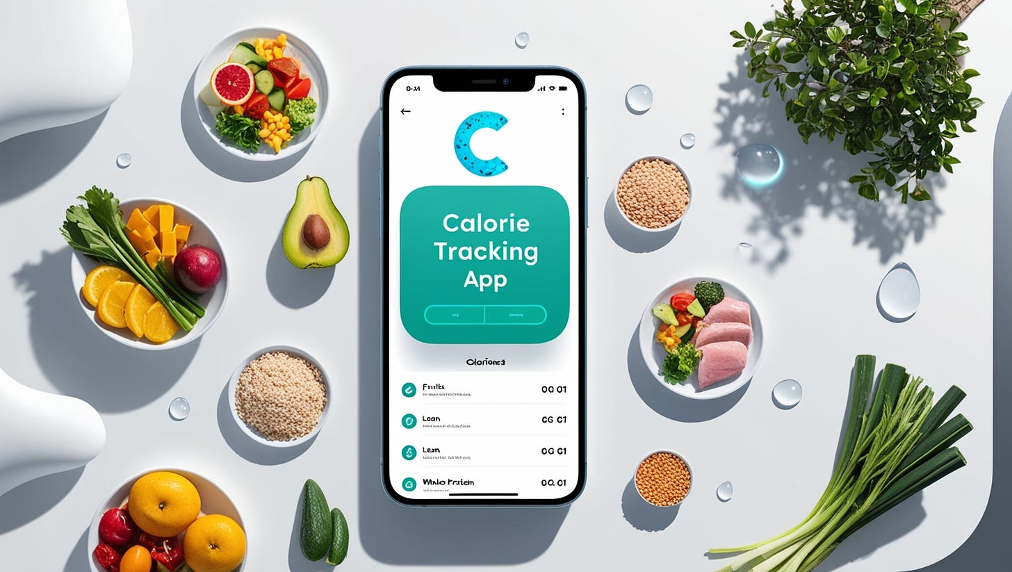 A futuristic, minimalist illustration of a smart phone screen displaying a calorie tracking app, surrounded by colorful, freshly prepared healthy food options such as fruits, vegetables, lean proteins, and whole grains, with bold, modern typography and icons, set against a clean, white background with subtle, rounded shadows, and a subtle gradient effect giving a sense of depth, with a few strategically placed droplets of water and a slight blur effect to convey freshness and vitality, and a touch of greenery in the top-right corner, symbolizing growth and well-being, with the app's logo, a stylized, lowercase "c" made up of tiny food particles, in the top-left corner, in a bright, electric blue color.