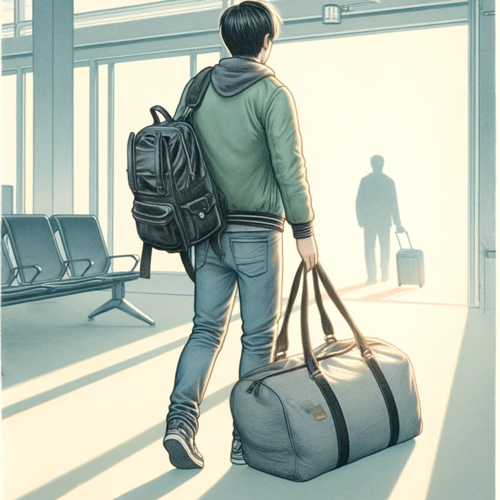 Dall-E prompt: In the style of a fable illustration with litographic elements with pastel color pallet, please create an image of a man with black hair in his late 20s, walking through the airport, wearing blue jeans, a green jacket and a black backpack. In the lower right of the image you will see a gray dufflebag that them man has left behind being lit by spotlight lightning. The aspect ratio should be 4:3.