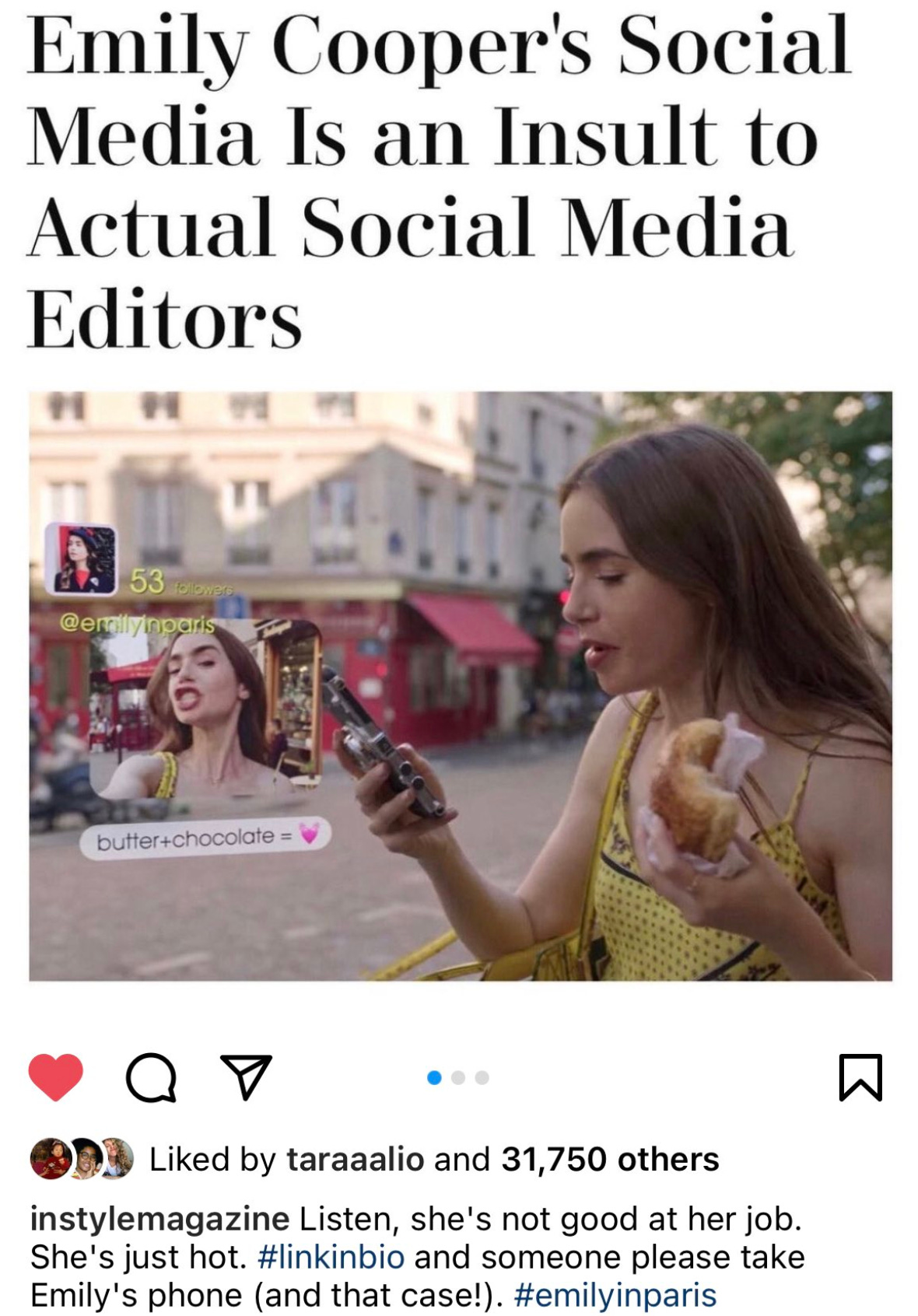 Post from In Style that says "Emily Cooper's Social Media Is an insult to Actual Social Media Editors" the caption says "Listen, she's not good at her job."