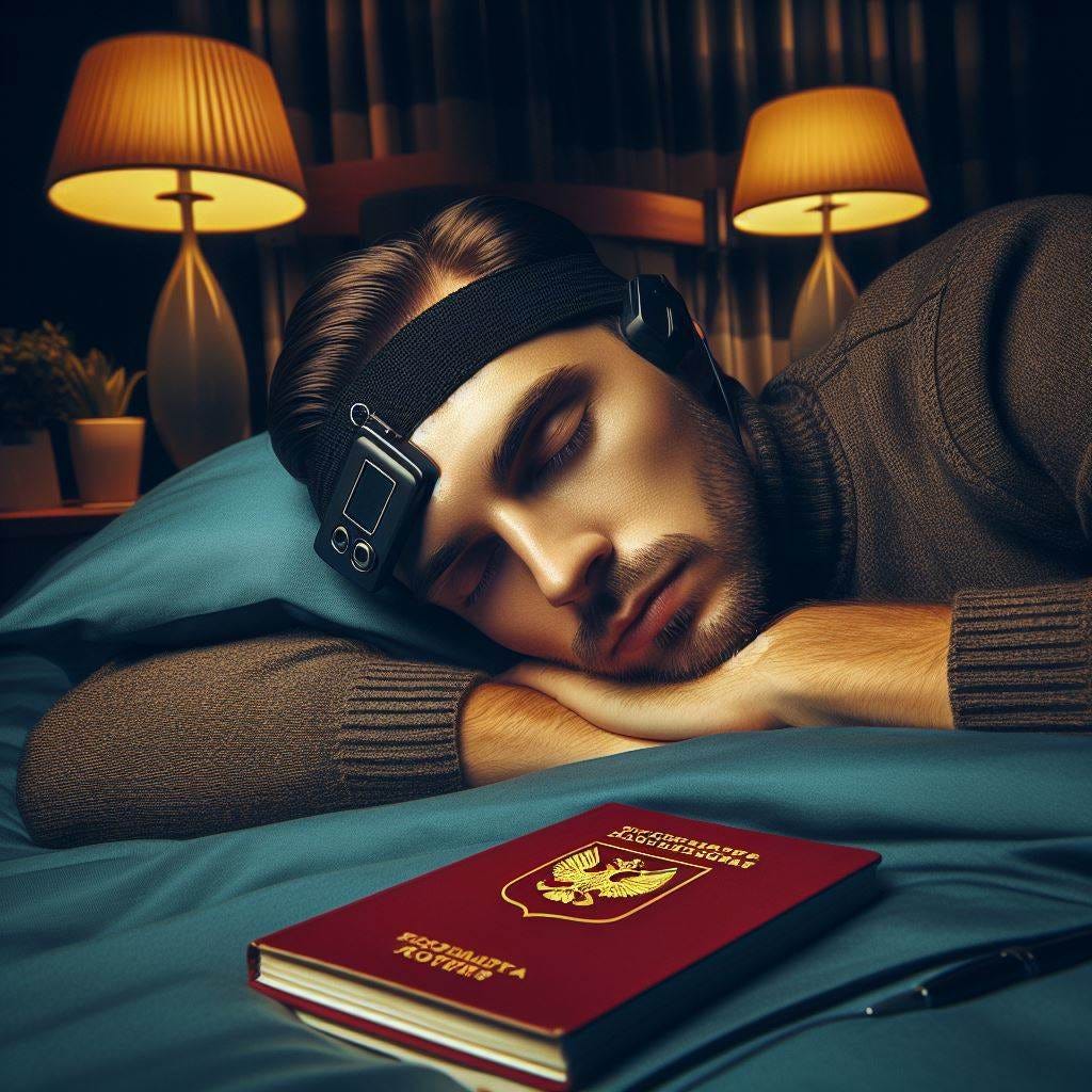 sleeping russian hacker in a hotel room with a headband gadget, spy book cover art