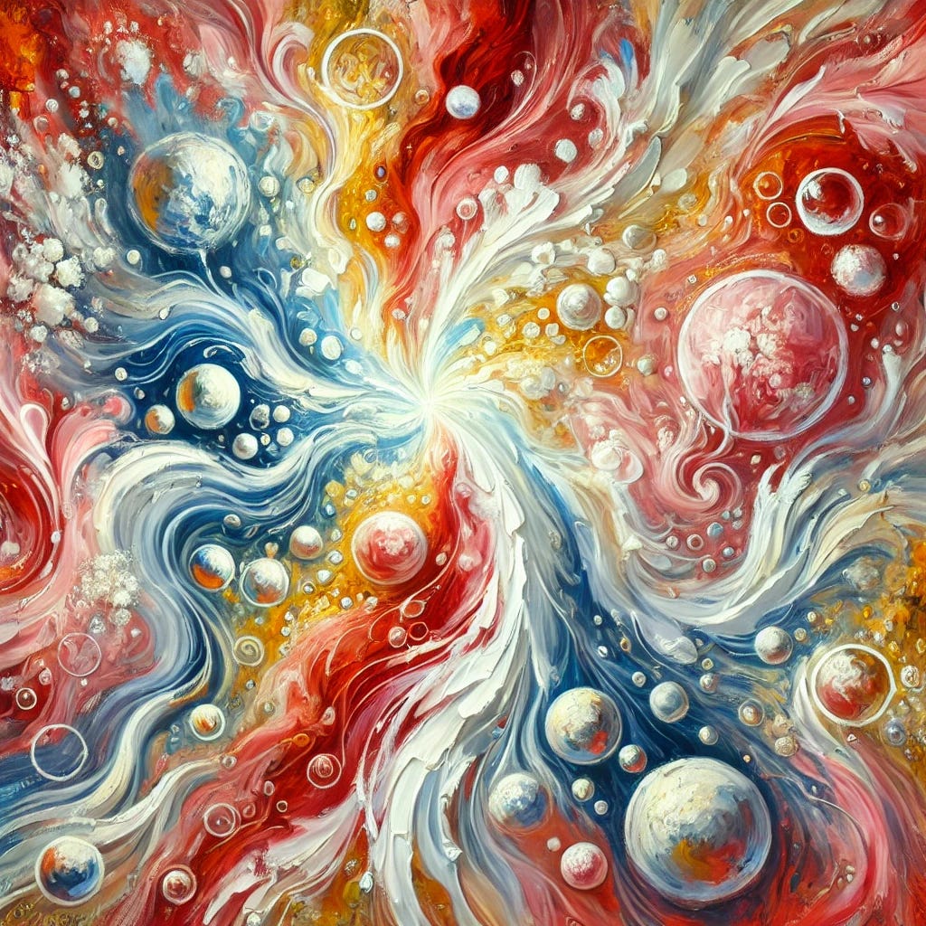 A vibrant abstract impressionist oil painting that symbolises hydrogen peroxide's connection to healing and health. The artwork prominently features bold, flowing reds to represent vitality and circulation, with swirling whites and soft blues symbolising oxygenation and purification. Golden highlights suggest energy and renewal, while thick, layered brushstrokes create a dynamic and textured composition. Shapes and patterns subtly evoke cells and tissues, conveying the themes of rejuvenation, immune activation, and life force. The overall style is expressive and energetic, blending movement with harmony.