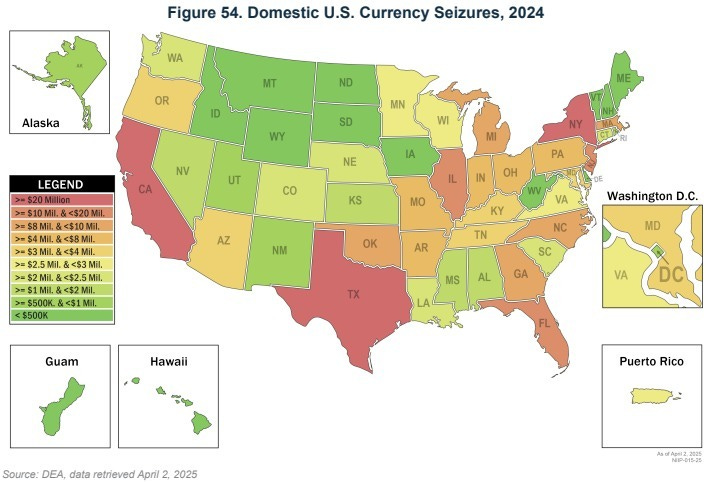 States where the most cartel cash seizures occurred in 2024. States where the most cartel cash seizures occurred in 2024.