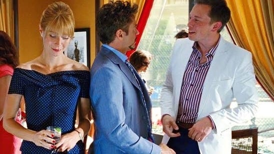 Elon Musk with Robert Downey Jr and Gwyneth Paltrow in a scene from Iron Man 2.