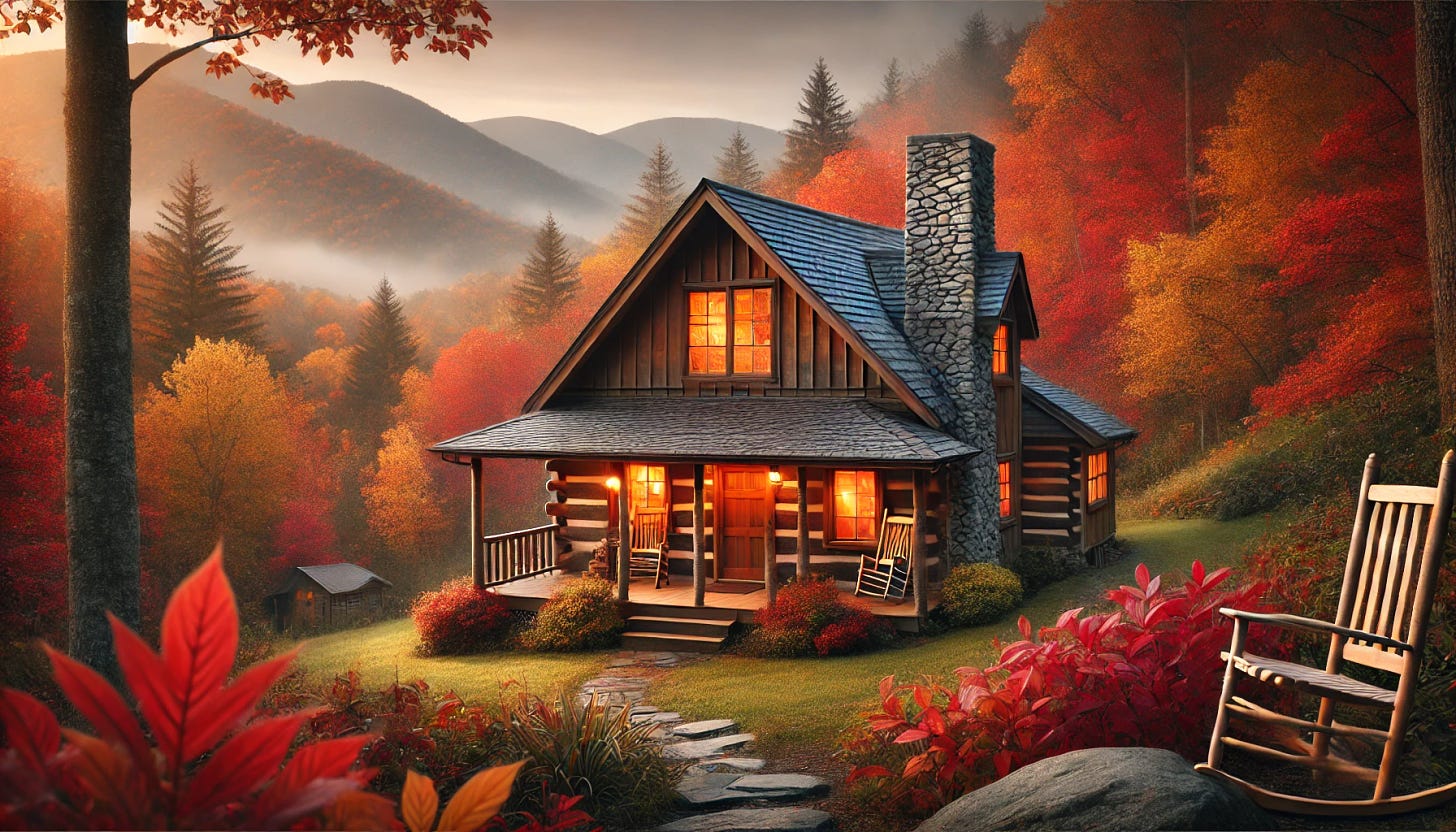 A cozy rustic cabin nestled in the Smoky Mountains during autumn. The cabin has a log structure, stone chimney, and warm, glowing windows suggesting a fire inside. Surrounded by a dense forest of colorful fall foliage in shades of red, orange, and yellow. The mountains in the background are slightly misty, with rolling hills and a peaceful, remote atmosphere. There is a small wooden porch with rocking chairs, and a stone pathway leading to the cabin. Soft, natural lighting creates a tranquil, welcoming scene.