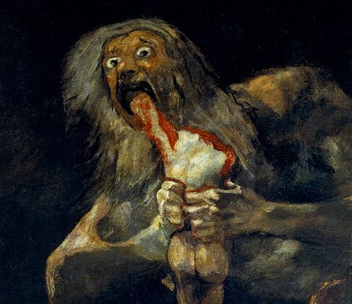 pintura de um homem gigante violentamente mordendo o braço de um corpo já morto e destrído, sem cabeça e sangrando. Tanto as pinceladas quanto as cores passam uma sensação sombria.