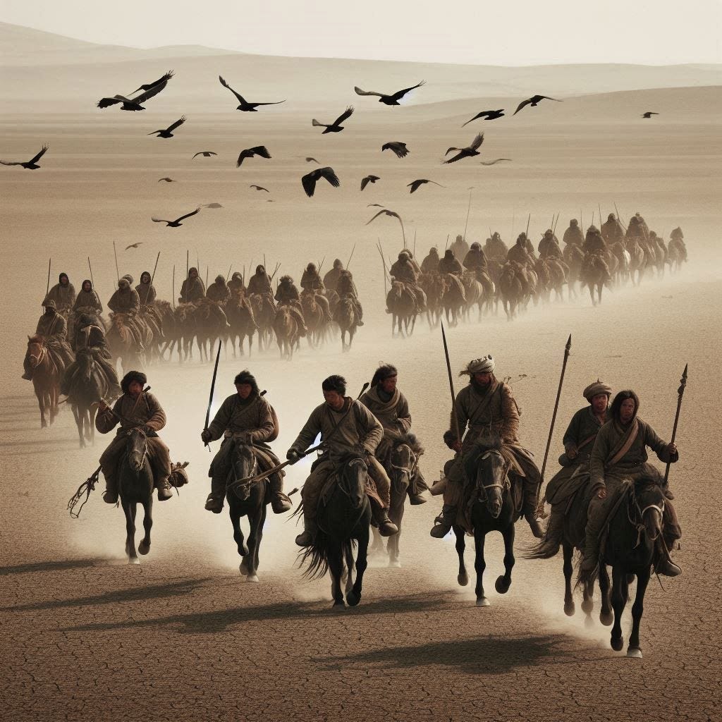 A long distance view of a small Mongolian war-band riding over the drought-baked steppe. They are young men, armed with lances and poorly equipped. They and their horses look exhausted. Crows circle overhead.