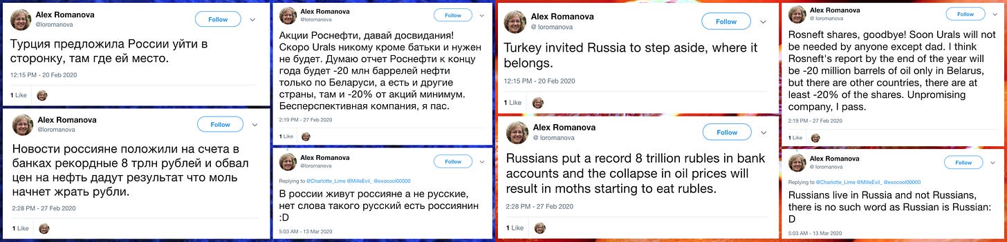 examples of early Russian tweets alongside English translations