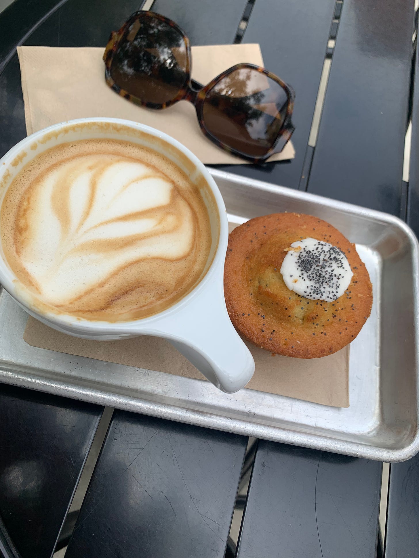 image of a latte, muffin & sunglasses on a table