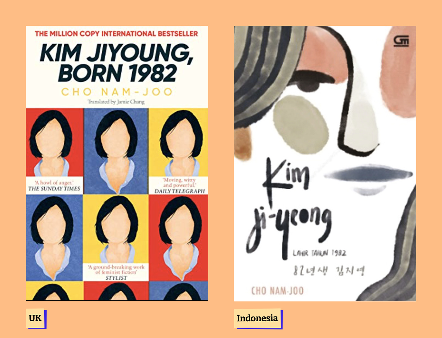 Kim Jiyoung Born 1982 by Cho Nam Joo UK book cover and Indonesia book cover