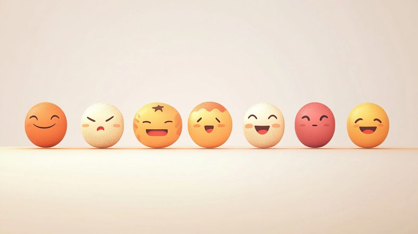 A row of emoji faces of different colors and expressions.